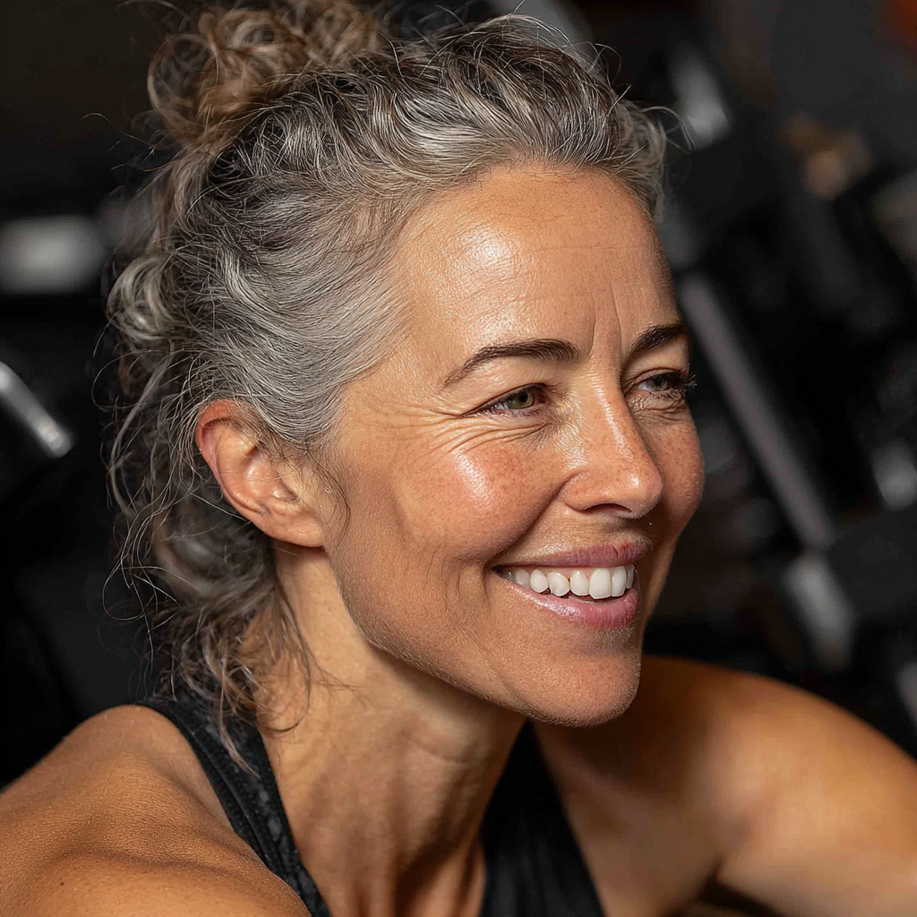 Mujer de 55 años sonriendo después de completar su rutina de ejercicios en plunverast, mostrando energía y vitalidad