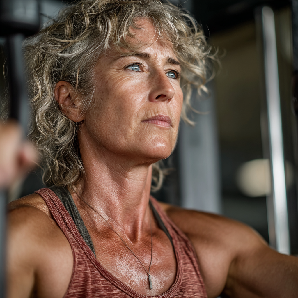 Mujer de 60 años completando exitosamente su primera semana gratuita en plunverast, radiando confianza y satisfacción